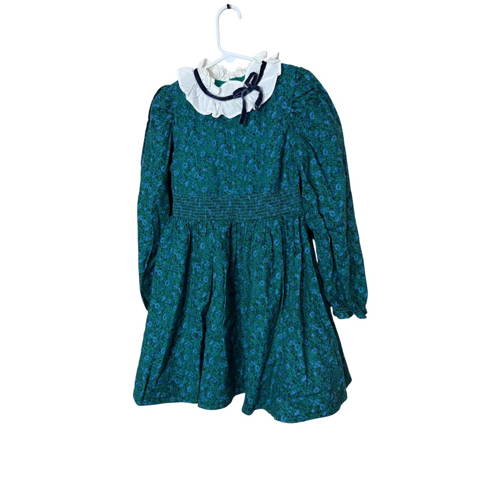 Janie and Jack Girls Green Ditsy Floral Dress Ruffle Collar Velvet Bow Size 7